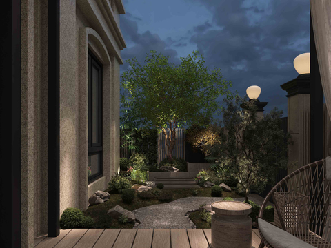  现代庭院 花园夜景3d模型 
