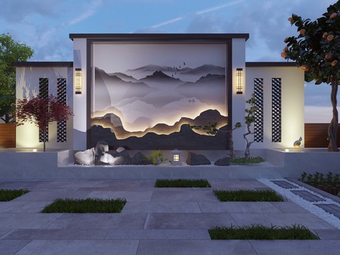  新中式庭院 花园夜景3d模型 