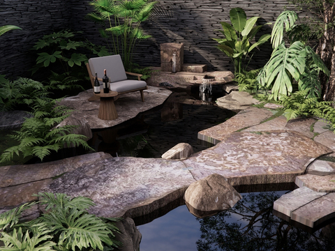  叠水景观 跌水池 植物造景3d模型 
