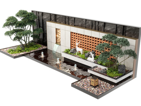  新中式水景墙 喷泉 跌水小品3d模型 