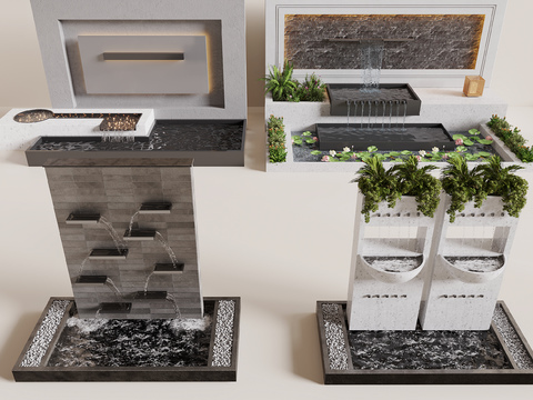  新中式水景墙 跌水瀑布 水池3d模型 