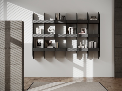  现代极简主义悬挂书架3d模型下载 多隔层壁柜设计 艺术装饰书籍收纳方案 