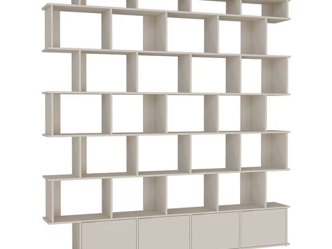  现代白色壁挂书架3d模型下载 分层网格储物柜 家庭办公室简约吊柜 浅灰储物格 