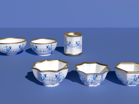  新中式瓷器杯 瓷碗碟3d模型 