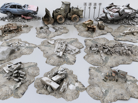  废墟石头  汽车 3d模型 