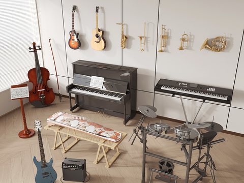  乐器 钢琴 小提琴 架子鼓 电吉他3d模型 