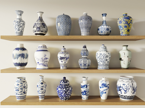  新中式青花瓷 瓷器 宝瓶 器皿3d模型 