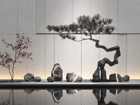  假山松树小品 大堂水景3d模型 