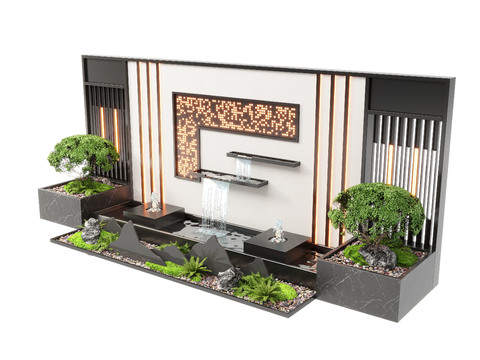  新中式水景墙 喷泉瀑布 跌水池小品3d模型 