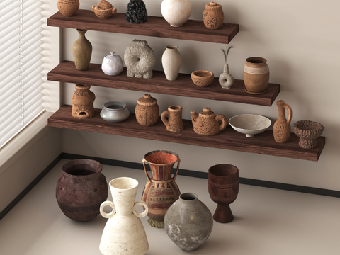  侘寂风陶罐 土碗 瓷器 陶艺 罐子3d模型 