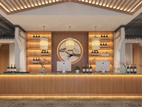  新中式 火锅店前台3d模型 