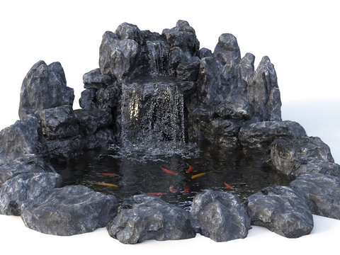  假山水景 瀑布跌水 锦鲤池3d模型 