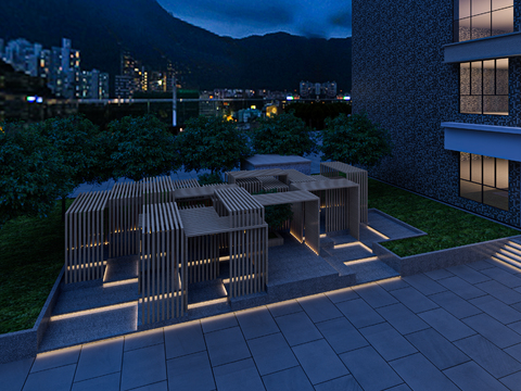  庭院景观 休息亭 夜景3d模型 