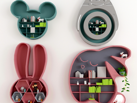  卡通造型壁挂置物架3d模型下载 米老鼠洗衣机兔子苹果儿童房收纳装饰架 创意家居装饰设计 