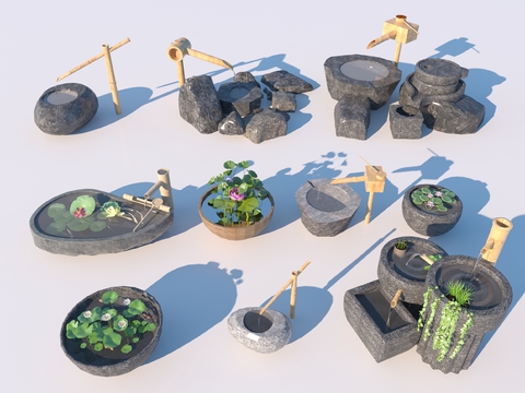  新中式水景 流水钵 惊鹿 荷花池3d模型 