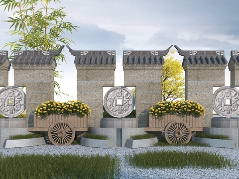  新中式景墙 户外景墙 古建景墙3d模型 