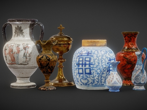  新中式花瓶 瓷器 青花瓷 文物3d模型 