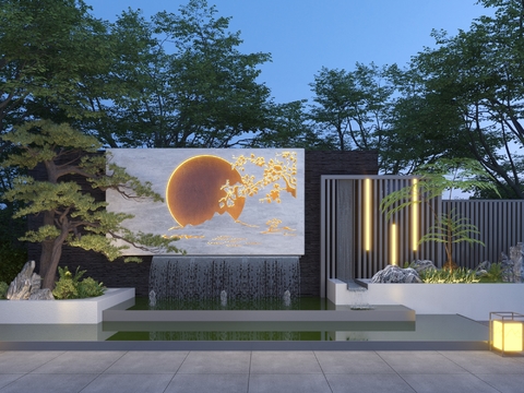  庭院叠水景墙 喷泉水池3d模型 