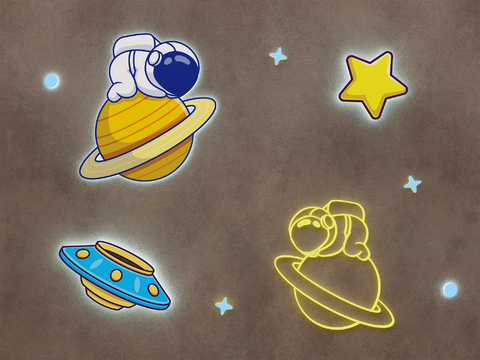  儿童宇航员壁灯3d模型下载 卡通科幻星球装饰灯 发光外星人飞船太空主题 