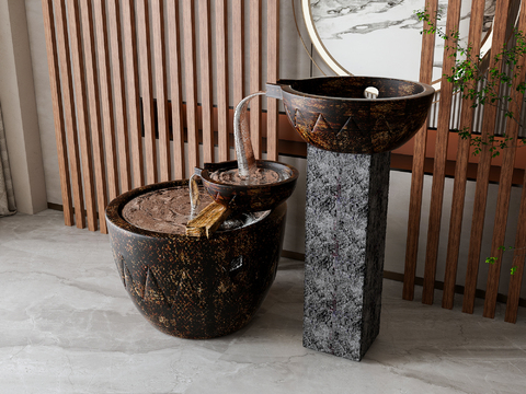  新中式坛子 流水装置 庭院小品3d模型 