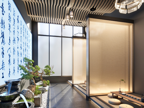  新中式过道 室内景观 茶室造景3d模型 