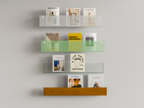  现代简约玻璃壁挂书架3d模型下载 木质装饰架 家庭办公室多层置物架 