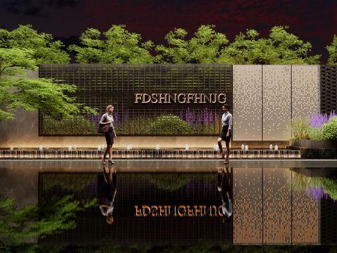  示范区景墙 跌水景观3d模型 