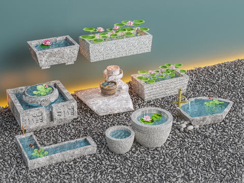 新中式庭院水景 荷花池 马槽3d模型 