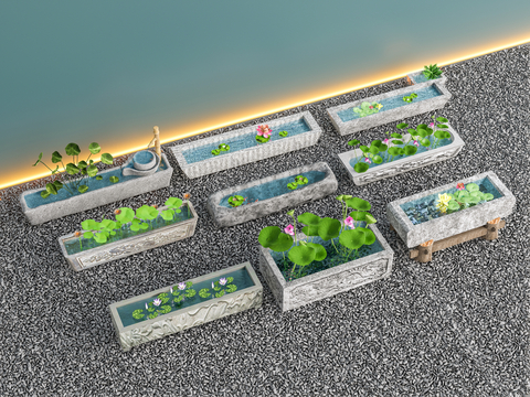  新中式庭院小品 荷花池 景观小品3d模型 