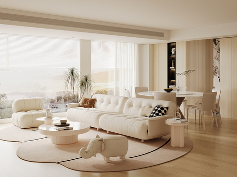  奶油风客餐厅3d模型 