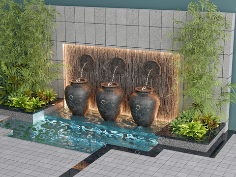 新中式 庭院水景 流水景观3d模型 