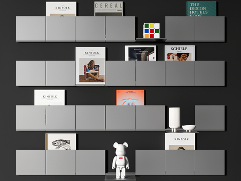  现代壁挂书架组合3d模型下载 创意家居装饰置物架 书籍收纳架带装饰品玩具熊 