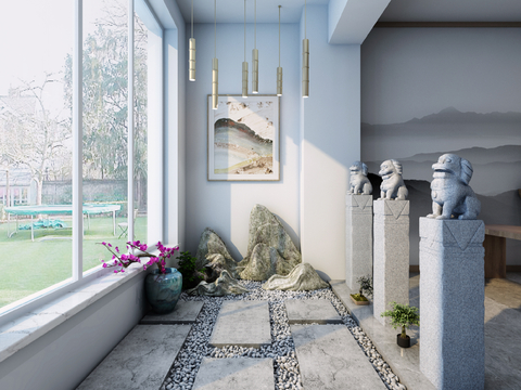  新中式阳台 枯山水景观3d模型 