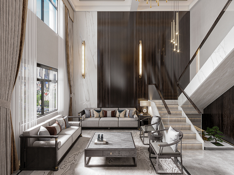  新中式别墅客厅3d模型 