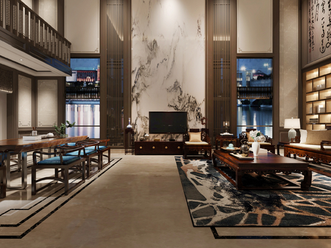  新中式挑高客厅 别墅客厅3d模型 