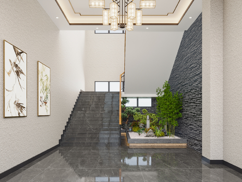  新中式楼梯间3d模型 