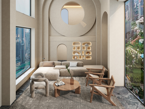  中古风挑高客厅 别墅大堂3d模型 