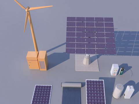  现代太阳能板 风力发电机3d模型 