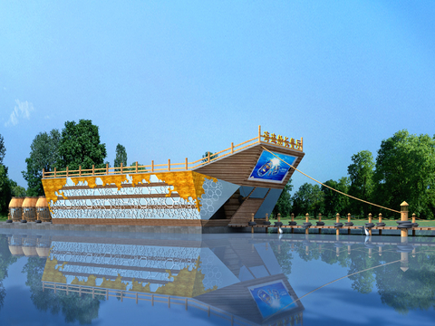  公园景观 水上餐厅3d模型 