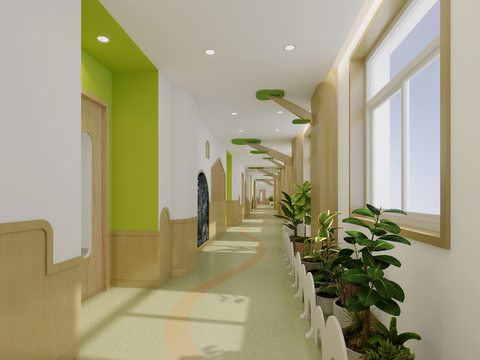  现代幼儿园 过道3d模型 