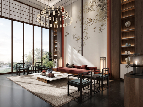  新中式别墅客厅3d模型 