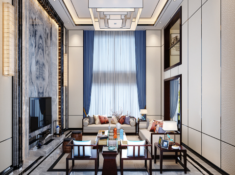  新中式别墅客厅 别墅大堂3d模型 