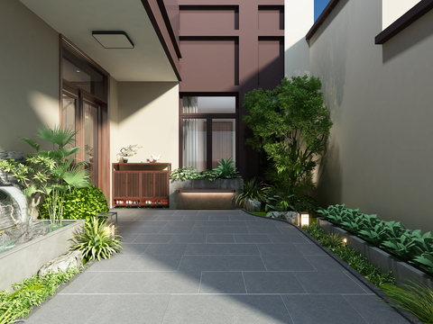  新中式别墅前院 花园 院子3d模型 