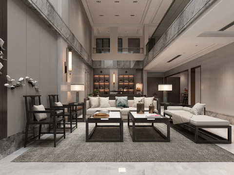  新中式别墅客厅 复式客厅3d模型 