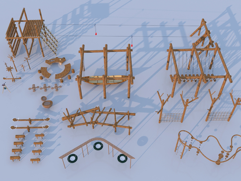  现代儿童器材 游戏器材 原木器械 攀爬架3d模型 