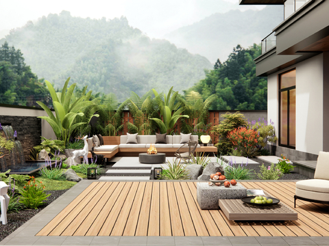  现代别墅花园 庭院花园3d模型 