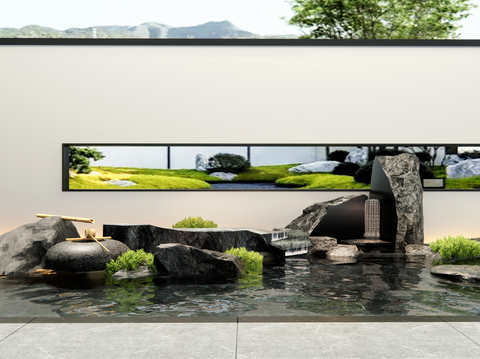  新中式假山水景 跌水景观3d模型 