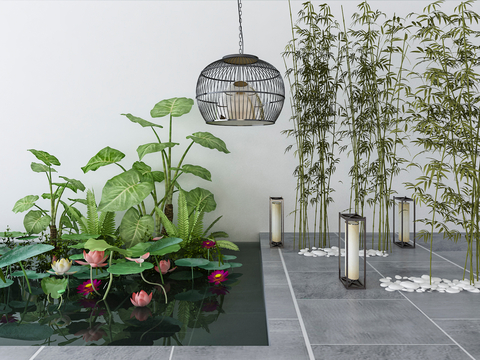  新中式景观小品 荷花池d模型 