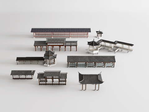 中式古建长廊 仿古长廊 亭廊 廊架3d模型 
