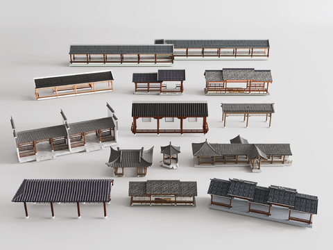  中式古建长廊 仿古长廊 亭廊 木廊3d模型 